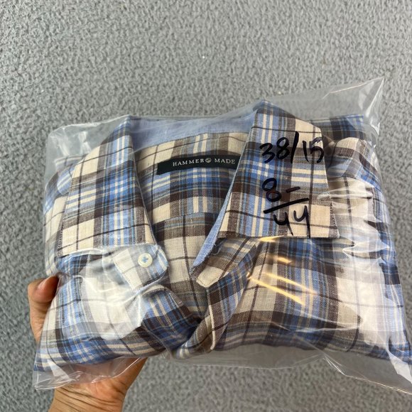 Hammer Made Men Plaid Long Sleeve Button Up Linen Shirt Size 38/15 - Picture 8 of 8